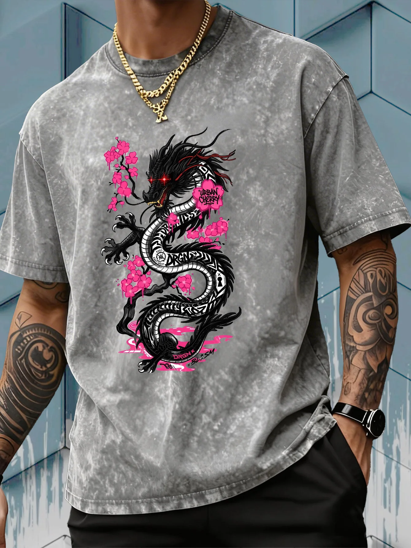 Acid Wash Vintage Graphic T Shirt - Men's Black Cherry Blossom Dragon Print