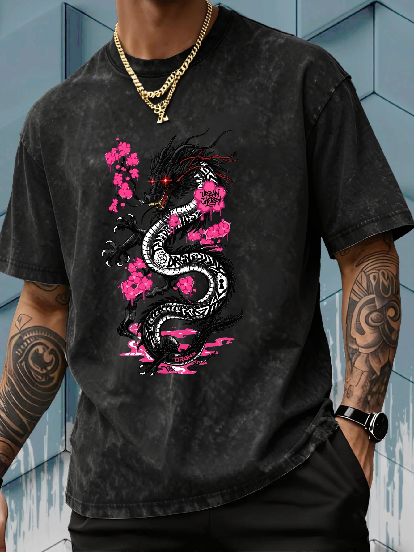 Men's Black Cherry Blossom Dra - Acid Wash Vintage Graphic T Shirt ulasan dan harga
