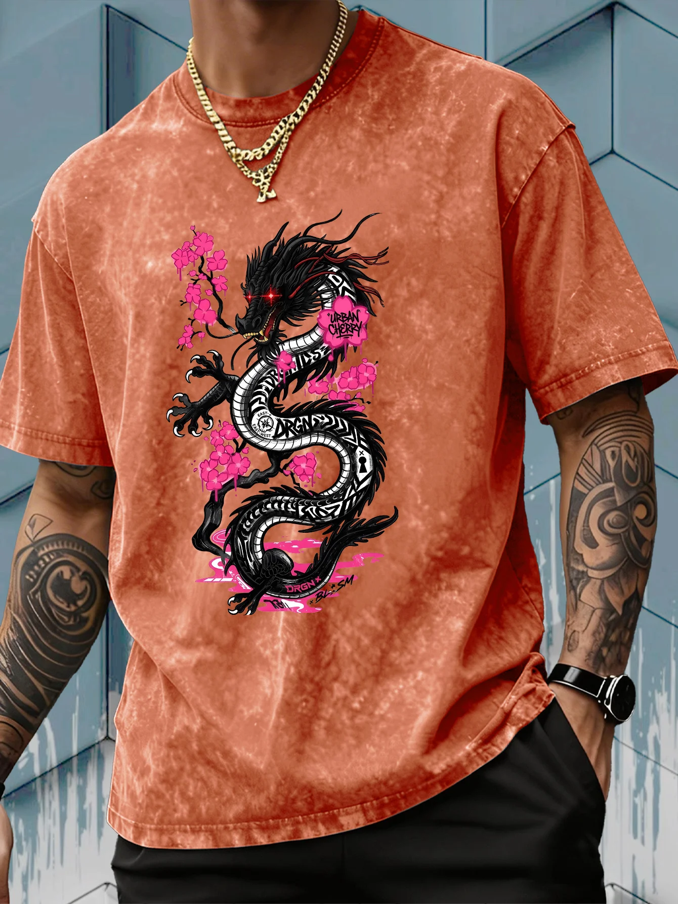 Men's Black Cherry Blossom Dra - Acid Wash Vintage Graphic T Shirt ulasan dan harga